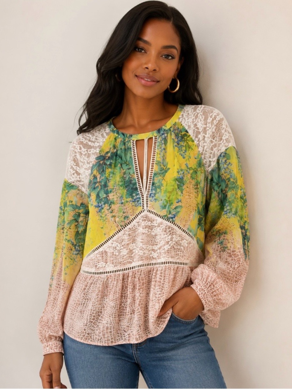 bebe Multi-Color Floral Lace Mixed-Media Peasant Blouse